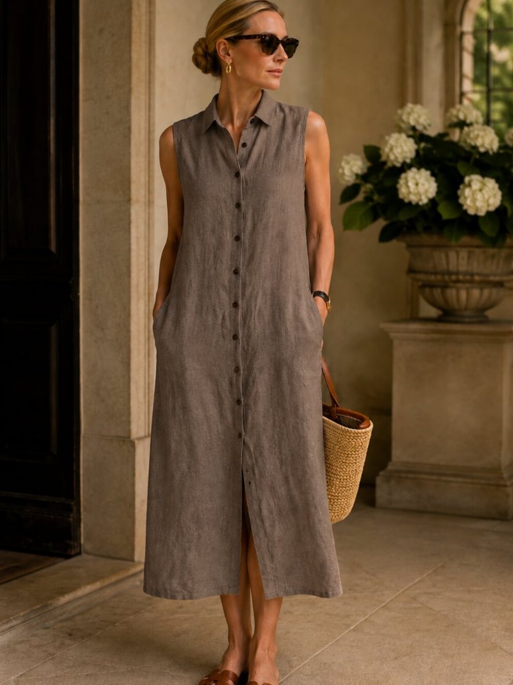 Burberry London Sleeveless Button-Front Linen Midi Dress in Taupe